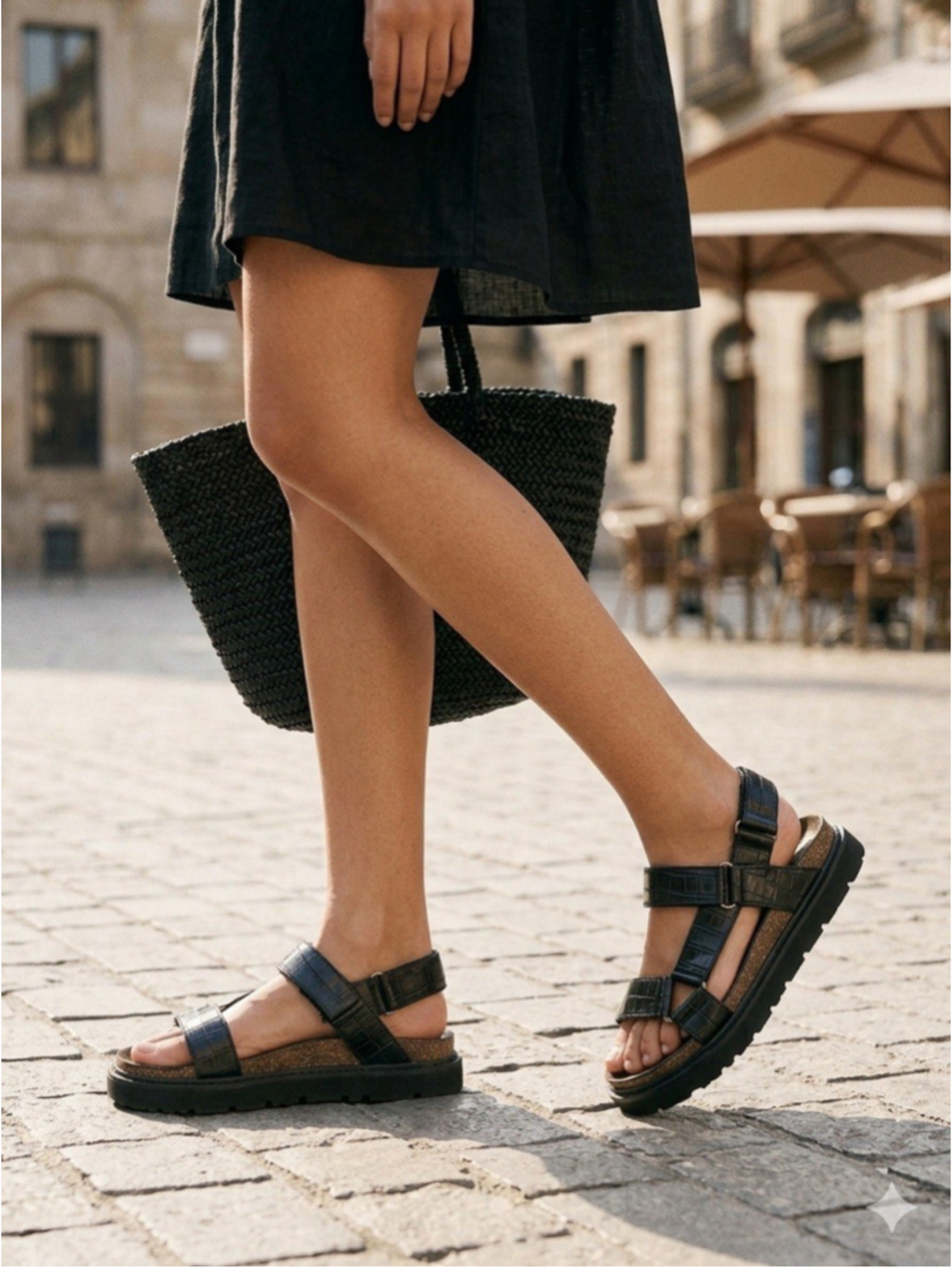 ALL BLACK Brand Women Sandal Black Croc Embossed Leather Strapping Platform 39